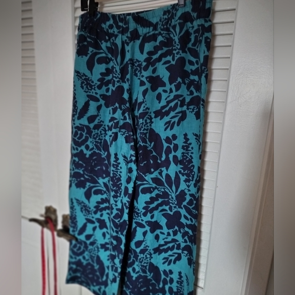 Soft Surroundings Wide Leg 100% Linen Pants Turquoise Navy Blue Floral Print L